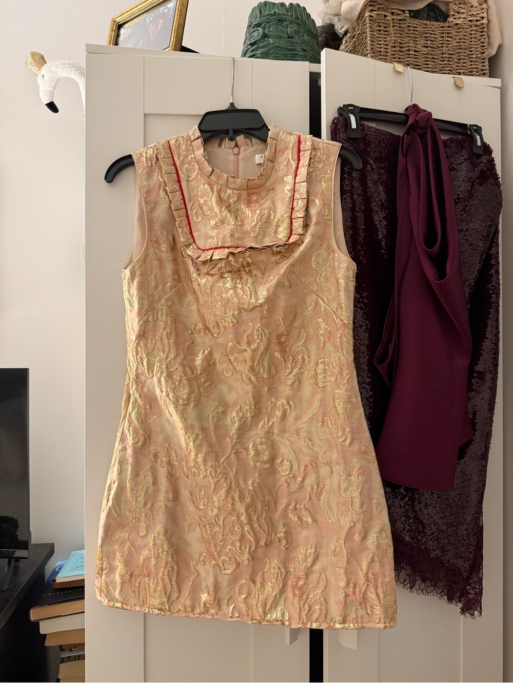 Sandro Pink and Gold Brocade Sleeveless Mini Dress